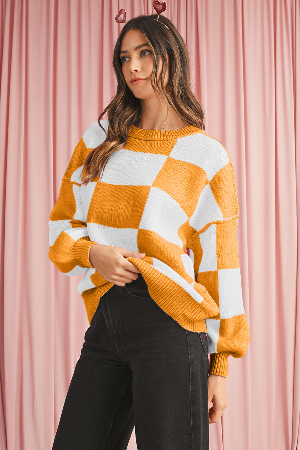 Orange & White Plaid Exposed Seam Bishop Sleeve Sweater-True and Wild