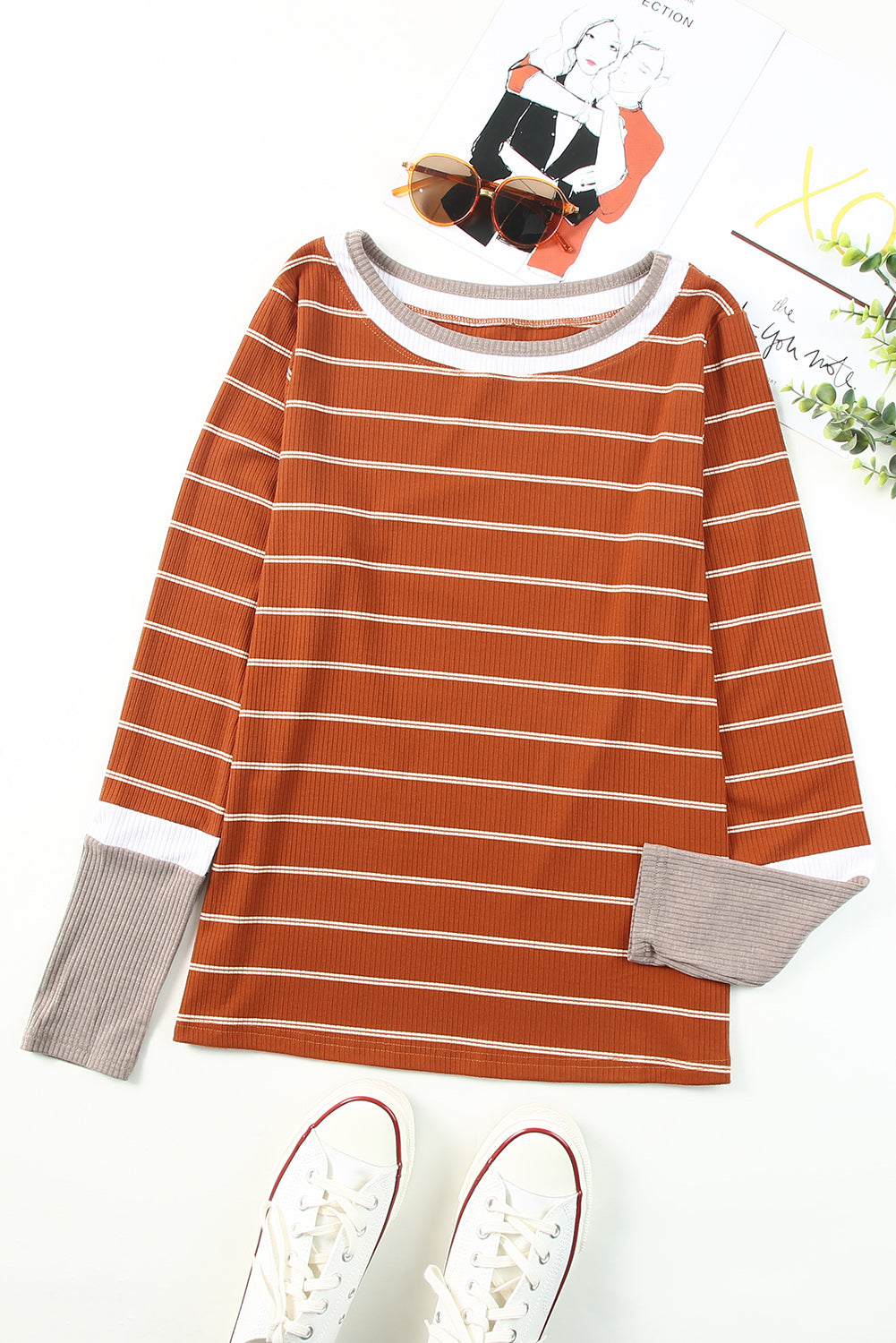 Brown Contrast Spliced Colorblock Cuffed Rib Knit Top-True and Wild