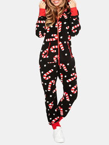 Printed Zip Up Long Sleeve Hooded Jumpsuit-True and Wild