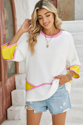 White Colorblock 3/4 Sleeve Relaxed Top