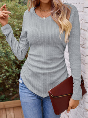 Full Size Ruched V-Neck Long Sleeve T-Shirt-True and Wild