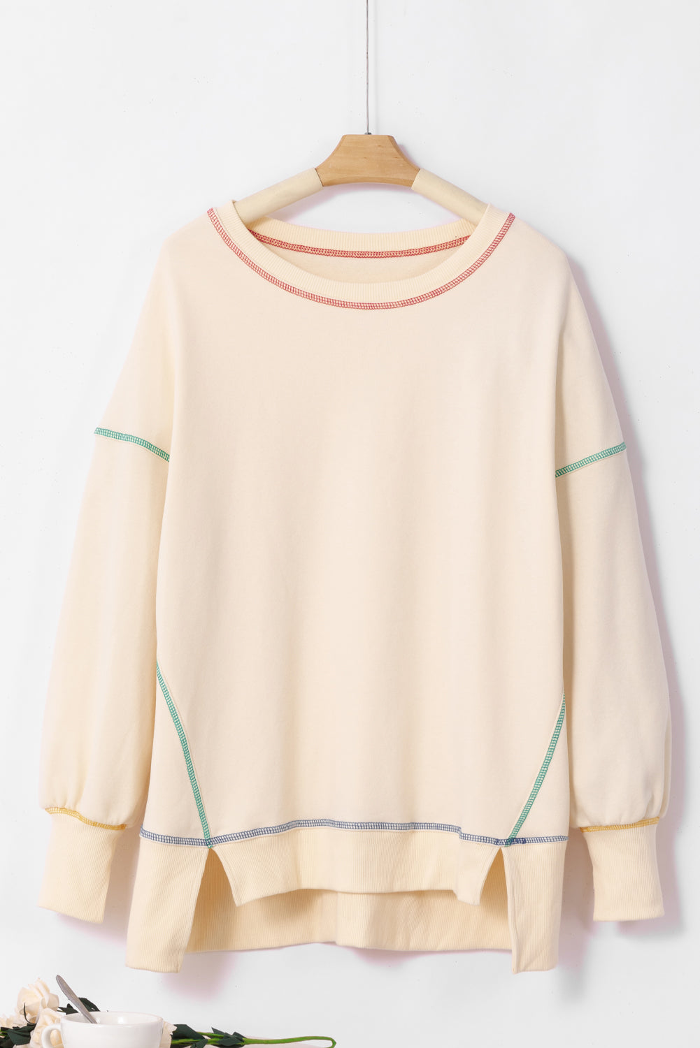 White Contrast Stitching Split Oversized Sweatshirt