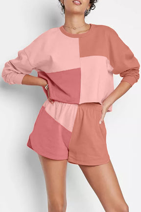 Peach Blossom Colorblock Long Sleeve Top & Pocketed Shorts Set-True and Wild