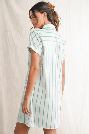 Mint Green Striped Pocket Short Sleeve Mini Dress-True and Wild