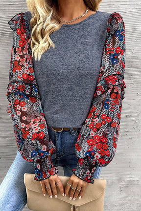 Blue Floral Ruffle Sleeve Patchwork Top-True and Wild