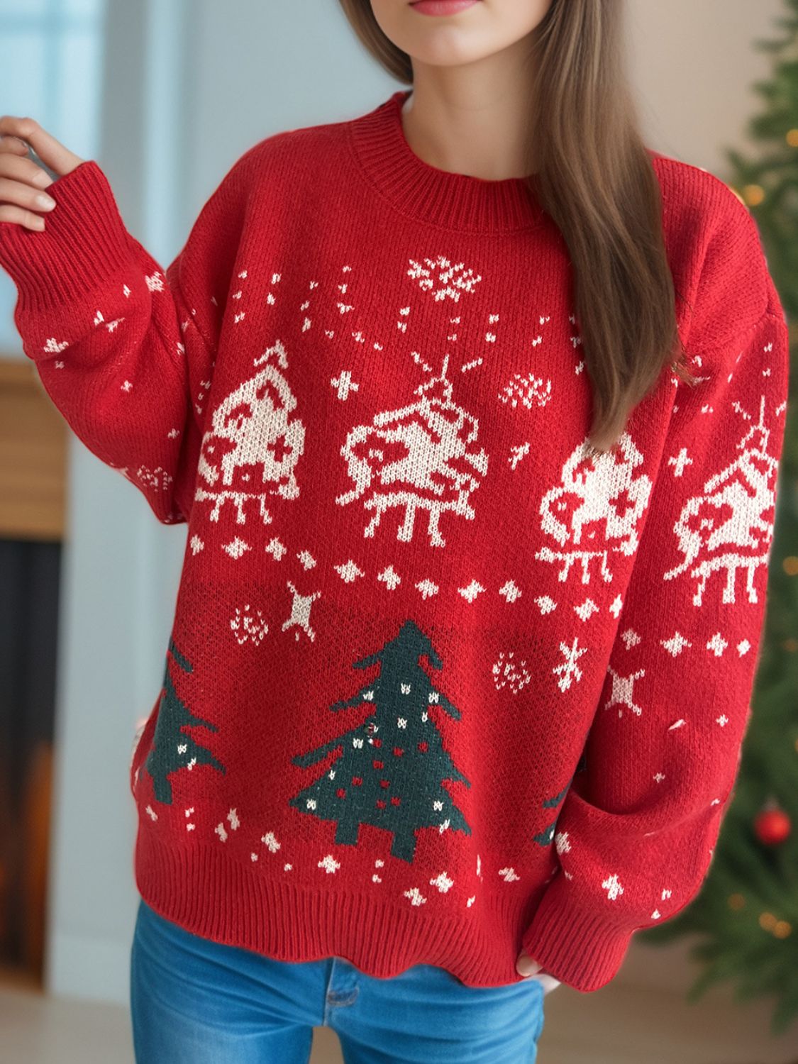 Christmas Element Round Neck Long Sleeve Sweater