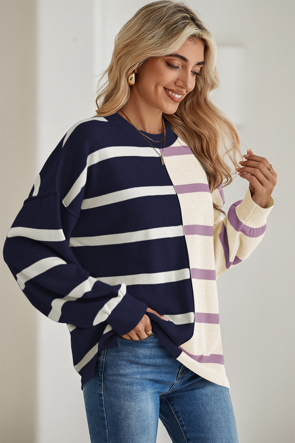 Light Beige Striped Colorblock Drop Shoulder Sweater-True and Wild