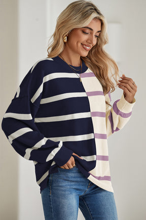 Light Beige Striped Colorblock Drop Shoulder Sweater-True and Wild