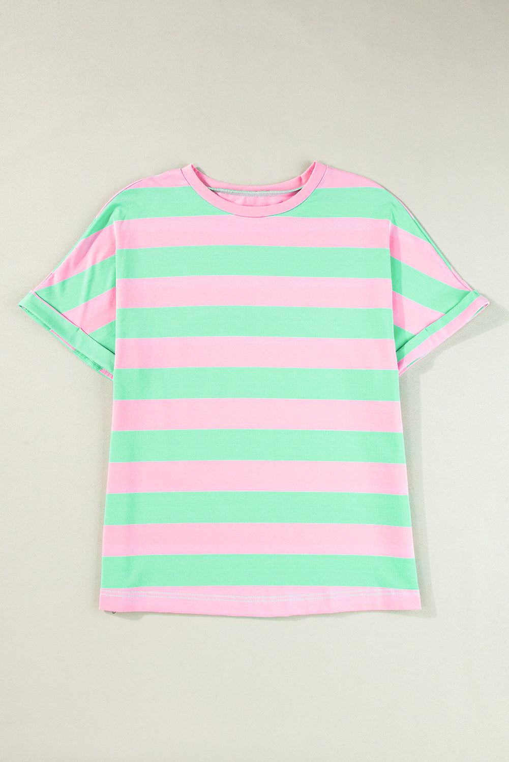 Pink Stripe Colorblock Cuffed Sleeve Loose Tee-True and Wild