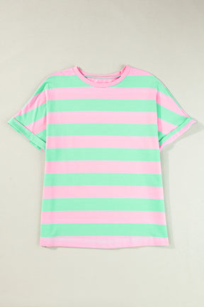 Pink Stripe Colorblock Cuffed Sleeve Loose Tee-True and Wild