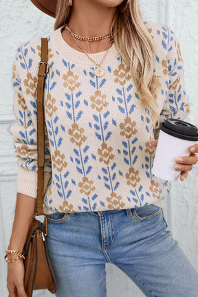 Sweaters - Apricot Floral Pattern Crew Neck Sweater