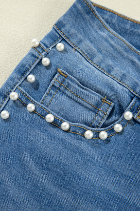 Dusk Blue Pearl Decor High Waist Flared Jeans-True and Wild