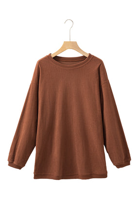 Chestnut Plain Drop Sleeve Crinkle Rib Oversized Sweatshirt-True and Wild