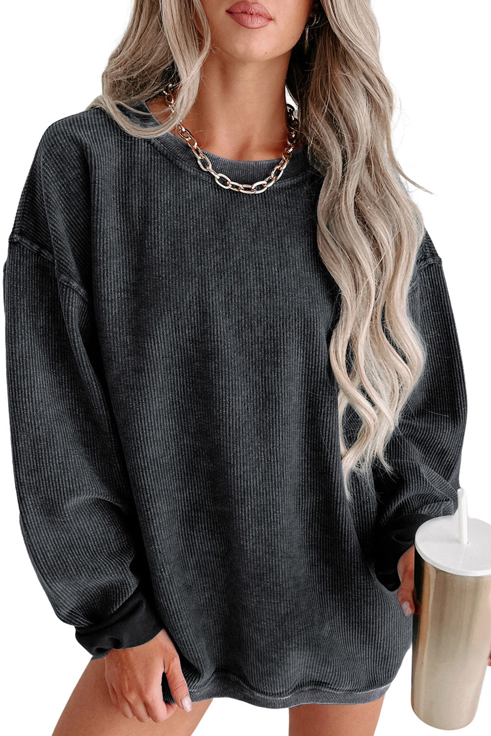 Pink Solid Ribbed Round Neck Pullover Sweatshirt-True and Wild