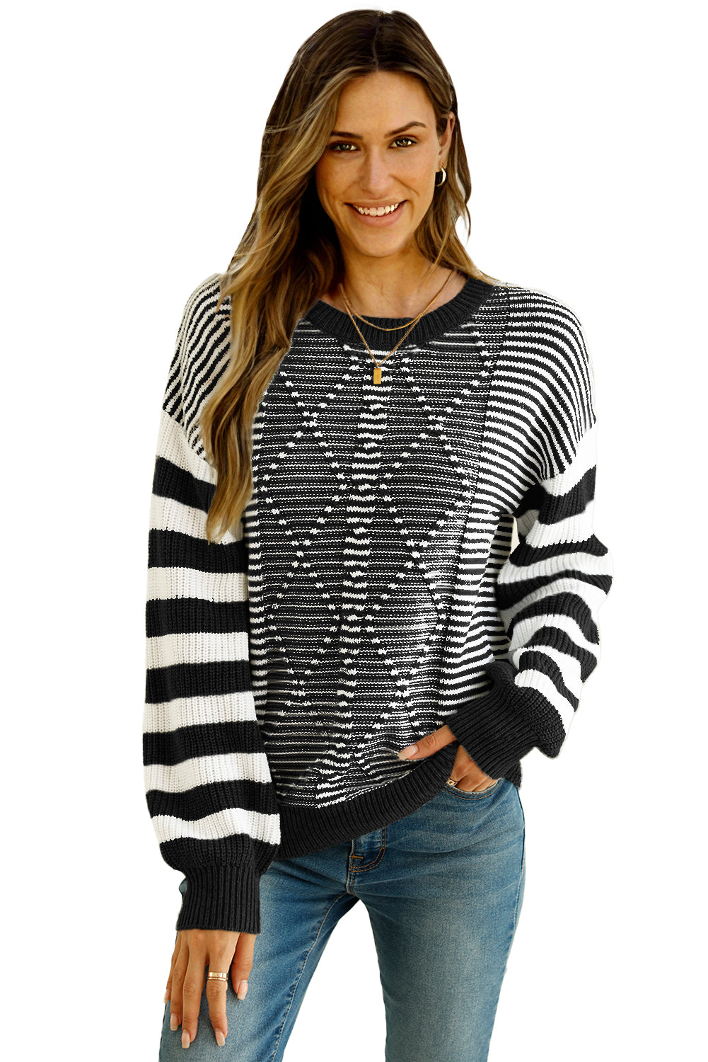 Red Stripe Twisted Knitted Drop Shoulder Sweater-True and Wild