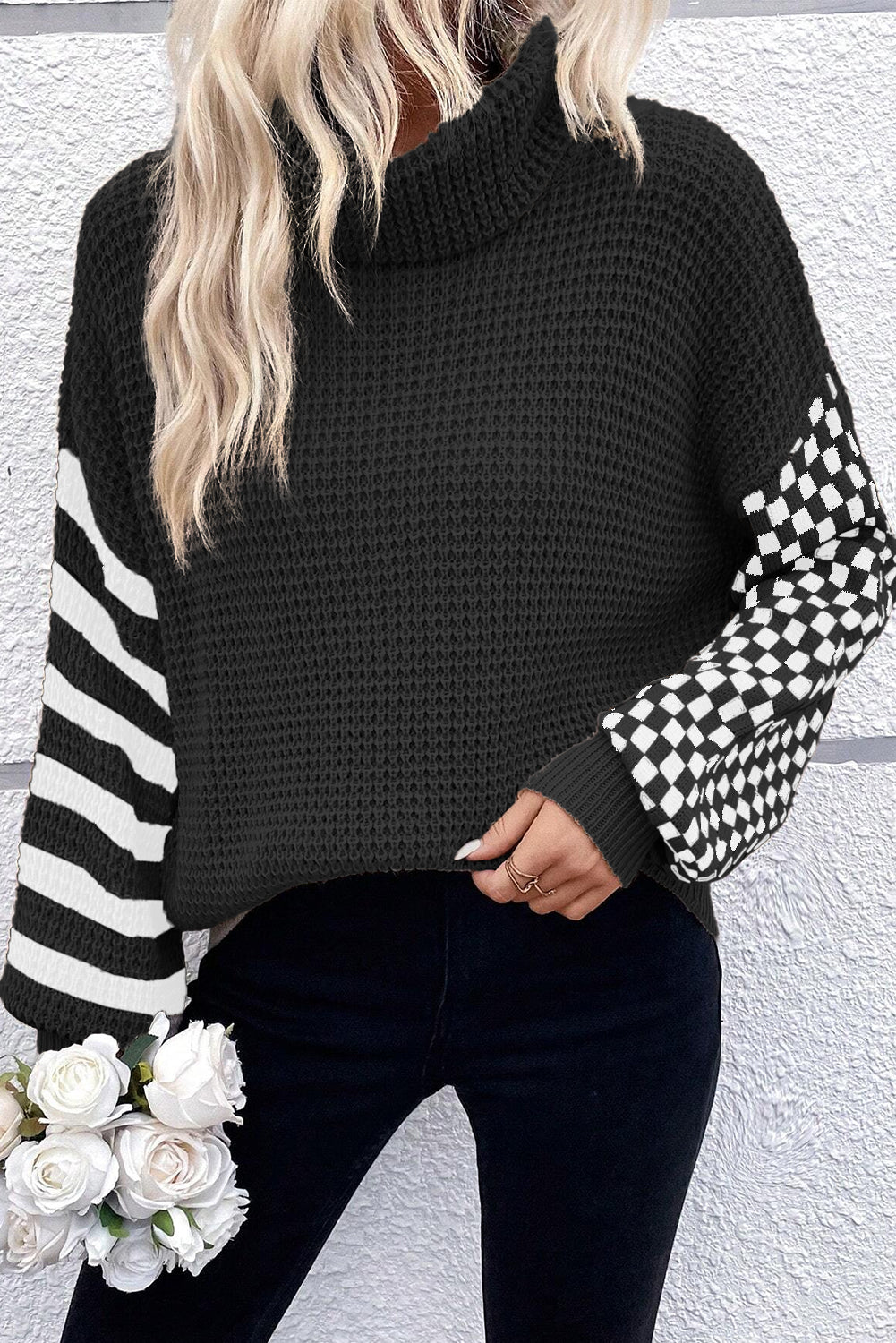 Black Striped Plaid Patchwork Waffle Knit Turtleneck Sweater-True and Wild