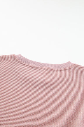 Pink Solid Ribbed Round Neck Pullover Sweatshirt-True and Wild