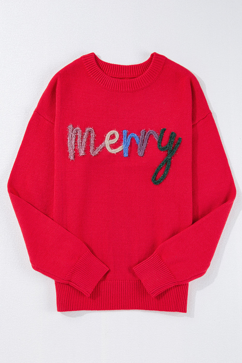 Fiery Red Tinsel Merry Letter Drop Shoulder Baggy Sweater-True and Wild