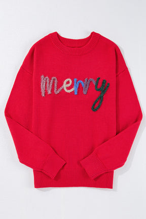 Fiery Red Tinsel Merry Letter Drop Shoulder Baggy Sweater-True and Wild