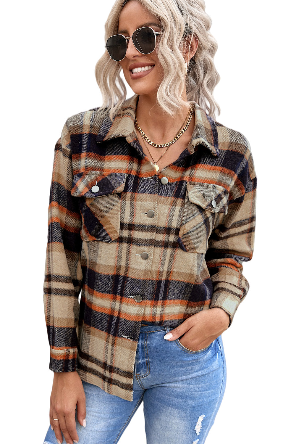 Khaki Plaid Print Casual Button Up Pocket Shacket-True and Wild