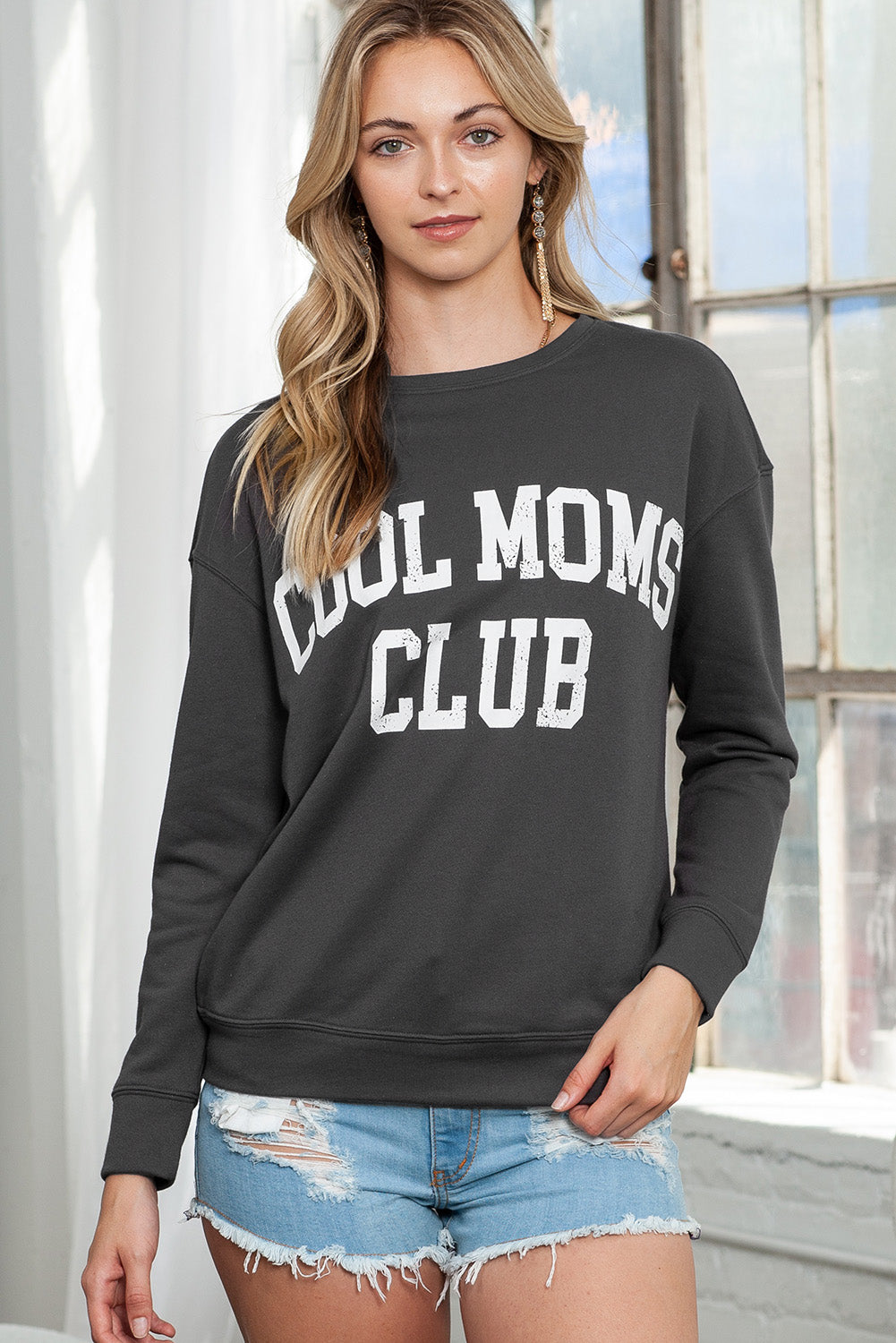 Gray COOL MOMS CLUB Print Drop Shoulder Light Wash Sweatshirt-True and Wild