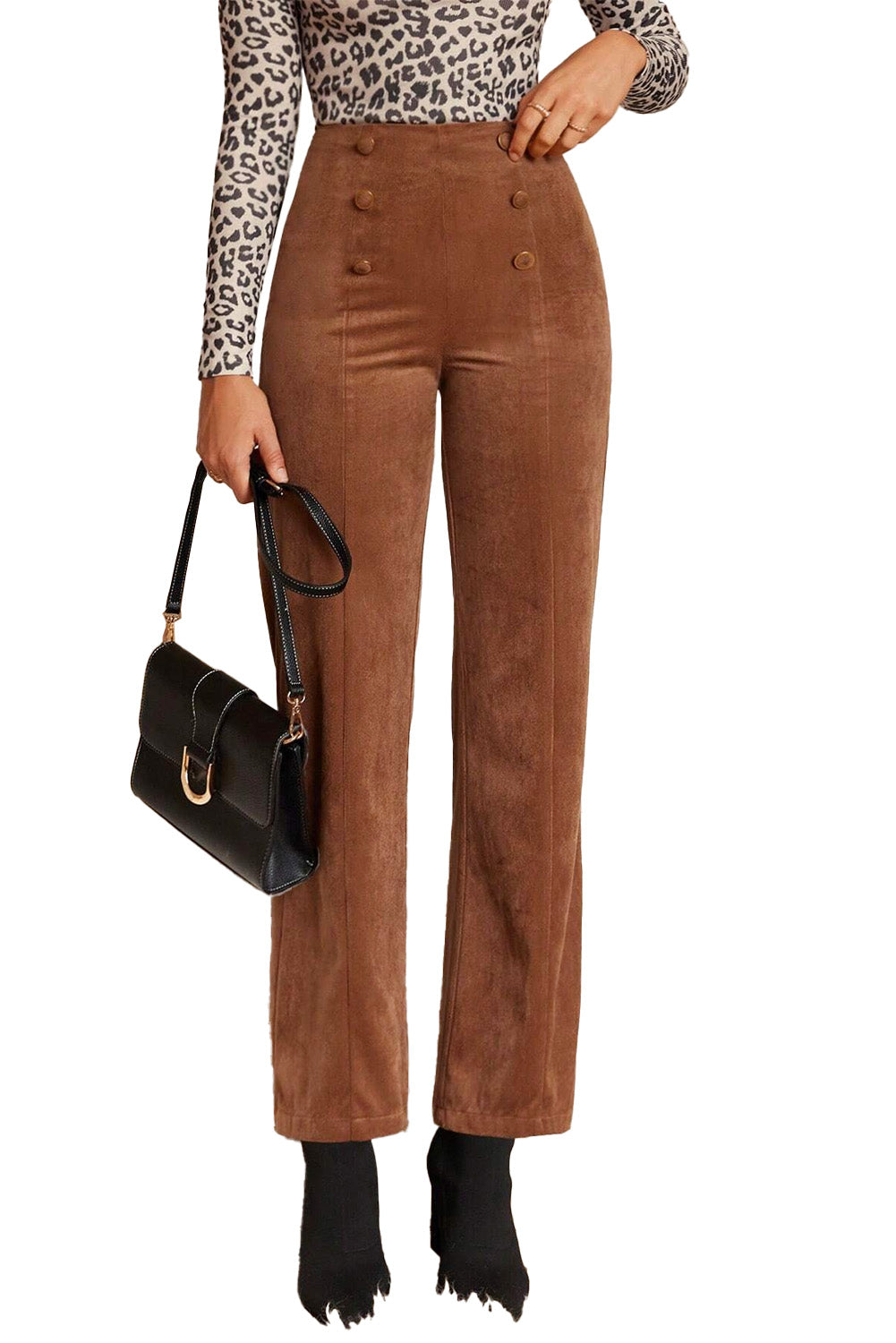 Chestnut Solid Color Double Breasted Straight Leg Pants-True and Wild