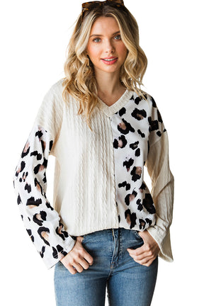 Beige V Neck Leopard Colorblock Patchwork Long Sleeve Top-True and Wild