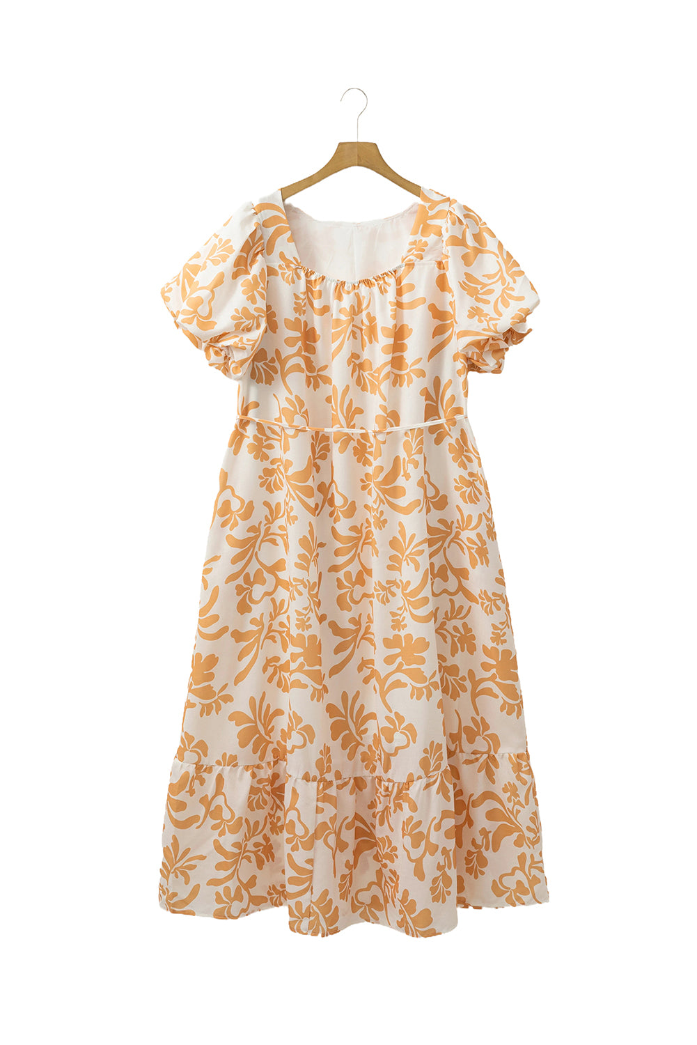 Apricot Floral Print Puff Short Sleeve Resort Plus Size Maxi Dress