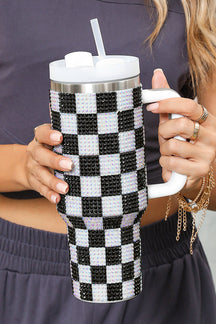 Black 40oz Rhinestone Checkered Handled Tumbler-True and Wild