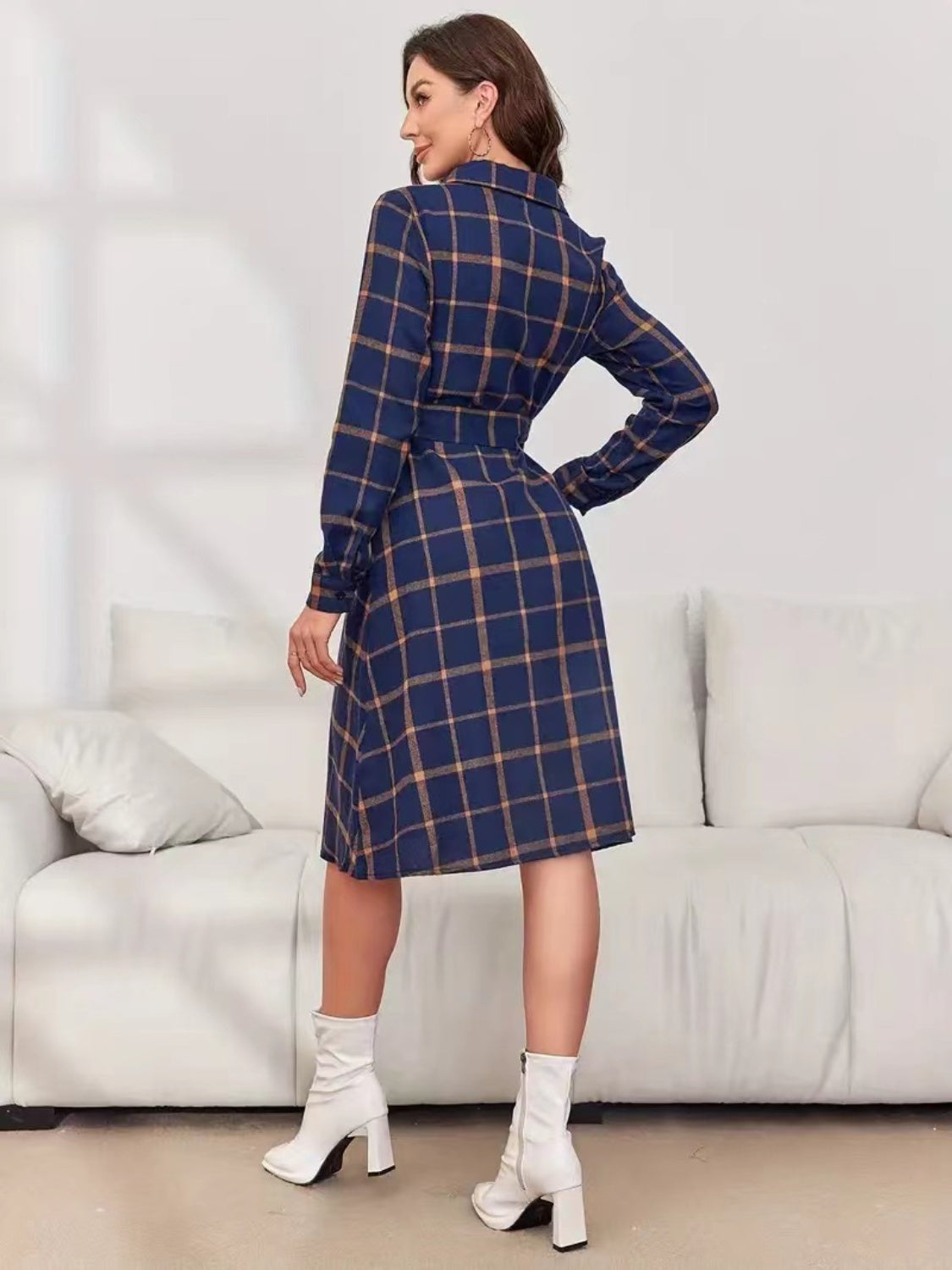 Plaid Tie Waist Long Sleeve Dress-True and Wild