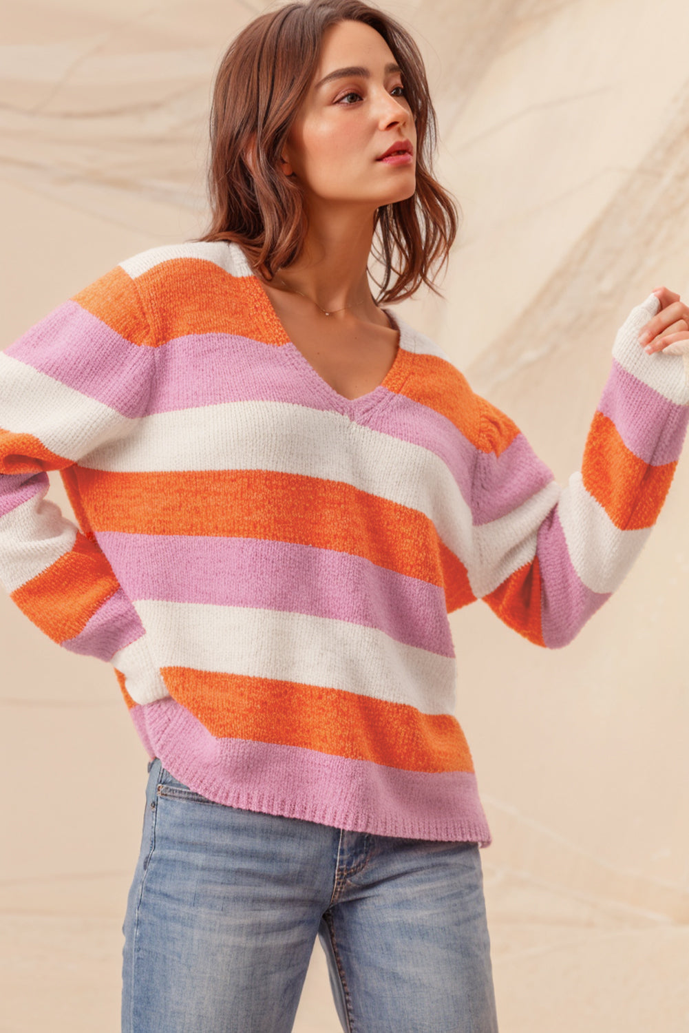 Orange Casual Stripe V Neck Side Slit Sweater-True and Wild