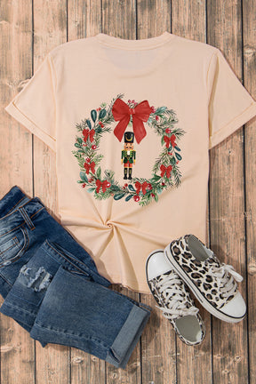 Graphic Tees - Khaki Nutcracker Bow Christmas Wreath Crewneck Printed T Shirt