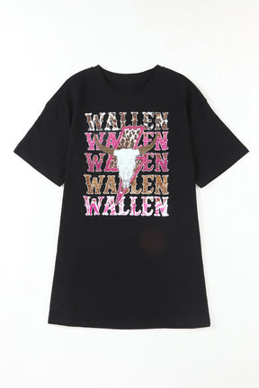 Black WALLEN Letter Print Animal Graphic Oversized Tee-True and Wild