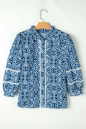 Blue Floral Ric Rac Button Loose Fit Shirt-True and Wild