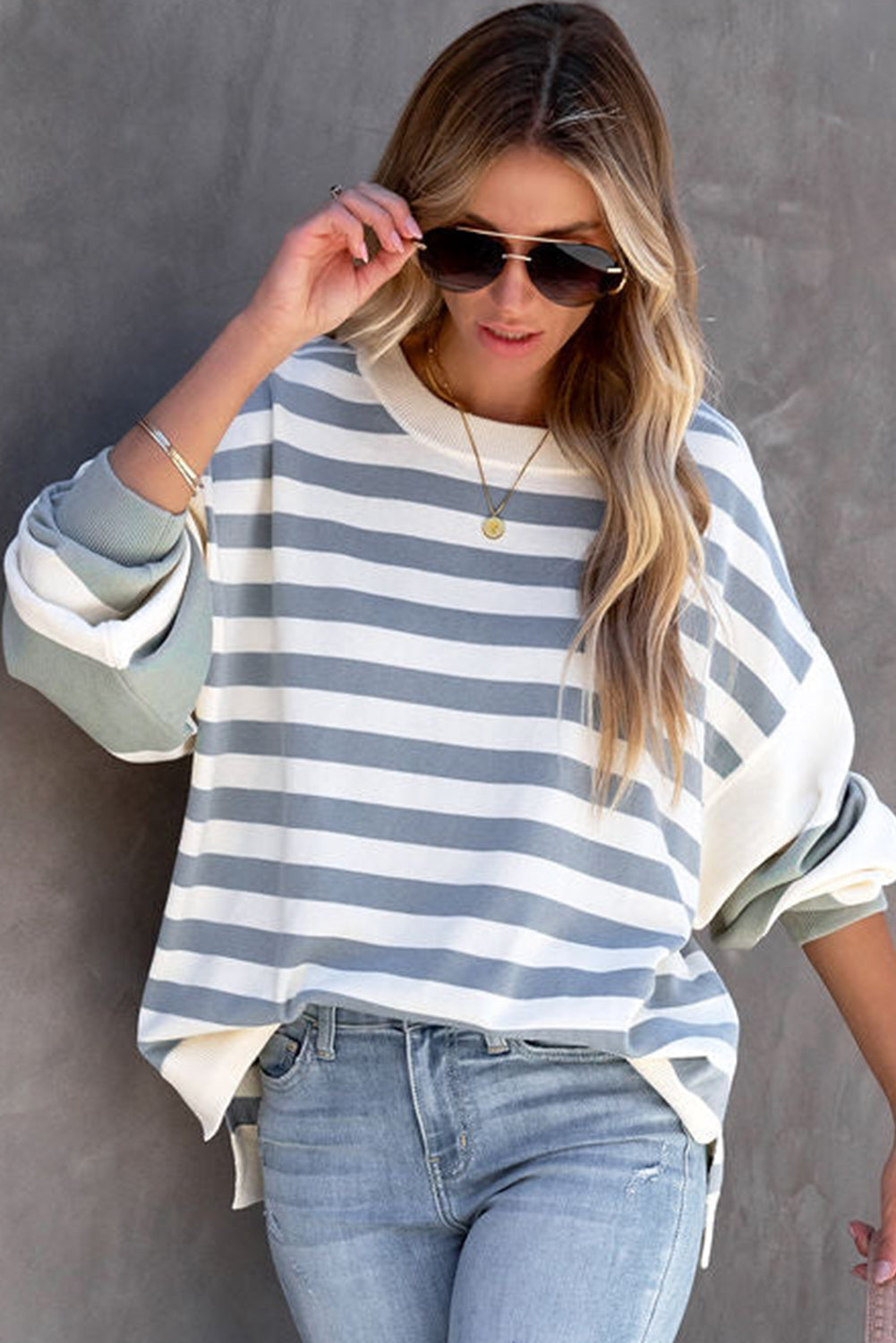 Blue Casual Striped Drop Shoulder Pullover Sweatshirt-True and Wild