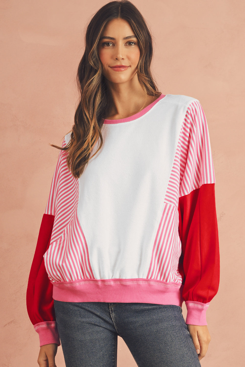 Rose Red Striped Patchwork Side Pocket Loose Sweatshirt-True and Wild