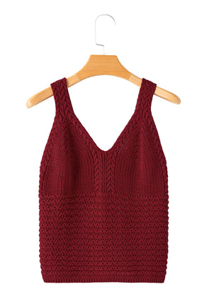 Burgundy Slim Fit V Neck Cable Knit Pointelle Camisole-True and Wild