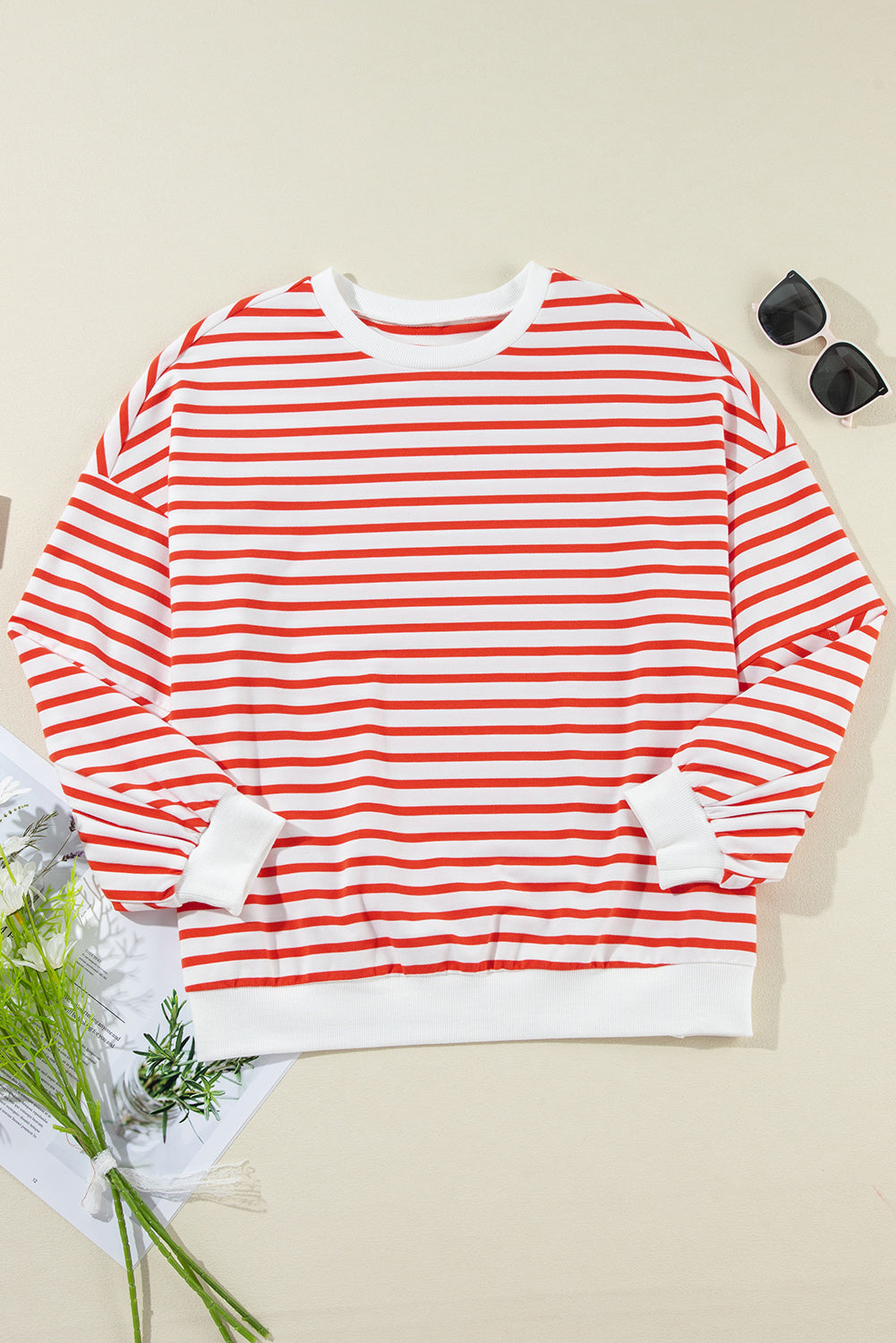 Blue Stripe Drop Shoulder Crew Neck Loose Sweatshirt-True and Wild