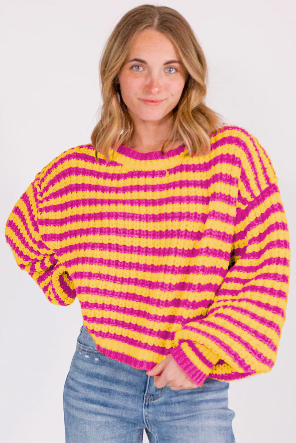 Orange Striped Bubble Sleeve Loose Sweater-True and Wild