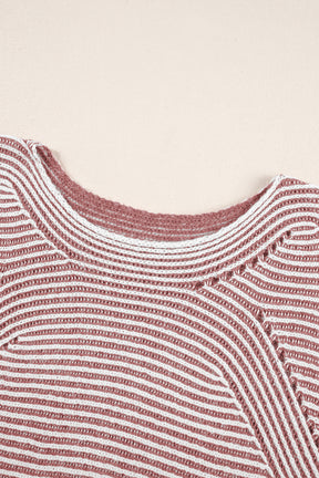 Red Dahlia Striped Print Ribbed Knit Raglan Sleeve Baggy Sweater-True and Wild