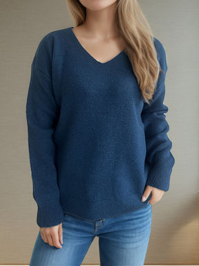 V-Neck Dropped Shoulder Long Sleeve Sweater