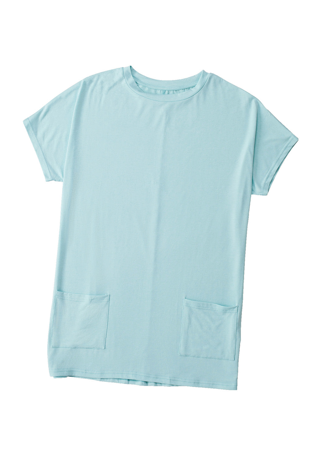 Light Blue Plain Loose Pocket Casual Tunic Long T-Shirt-True and Wild