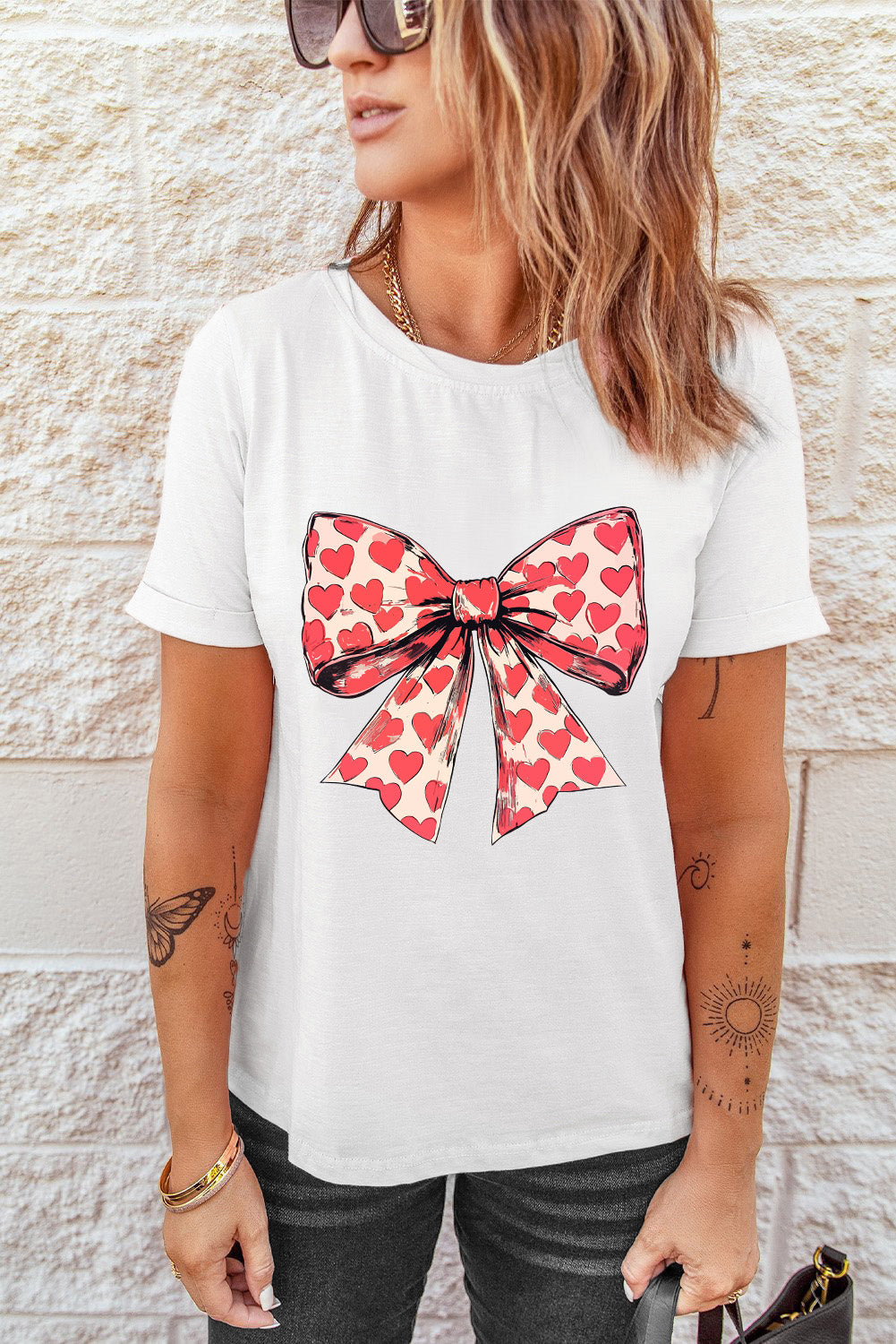 White Bow Heart Graphic Valentines Crewneck Tee