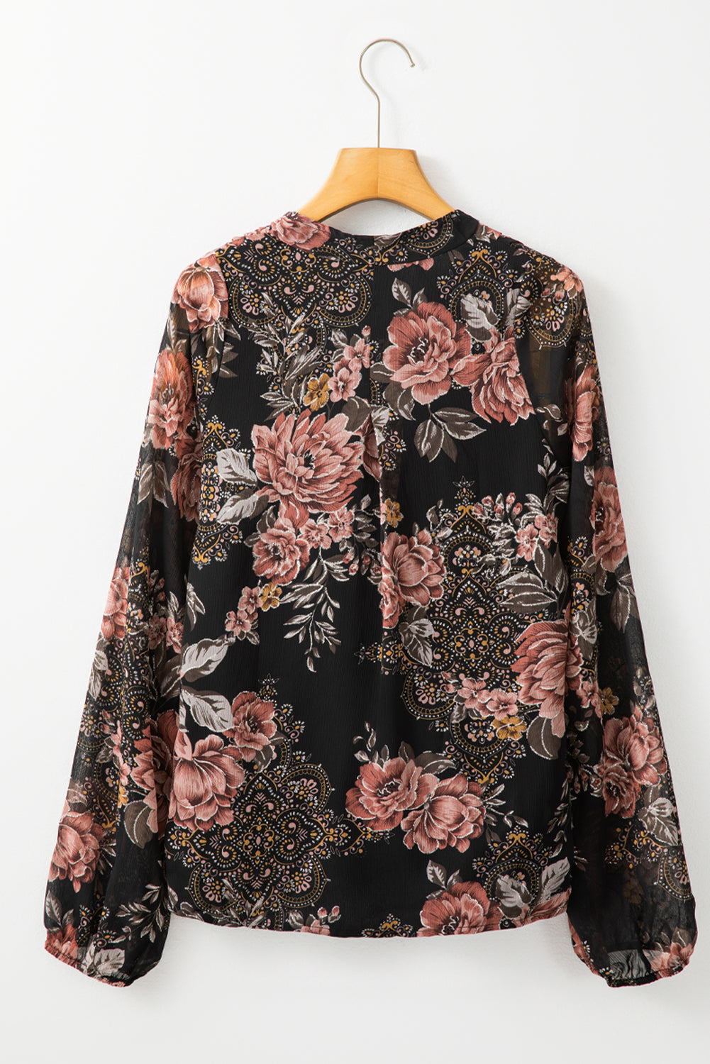 Black Floral Print Criss Cross V Neck Balloon Sleeve Blouse-True and Wild