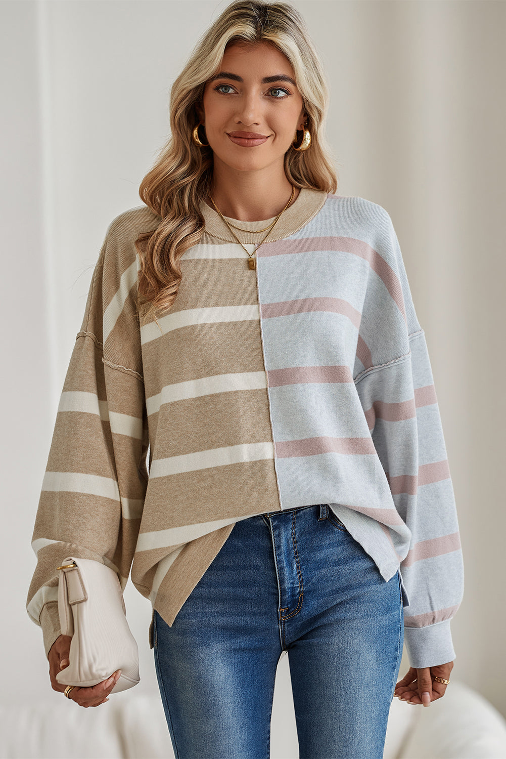 Light Beige Striped Colorblock Drop Shoulder Sweater-True and Wild