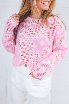 Light Pink Flower Drop Shoulder Hollow Knit Top-True and Wild