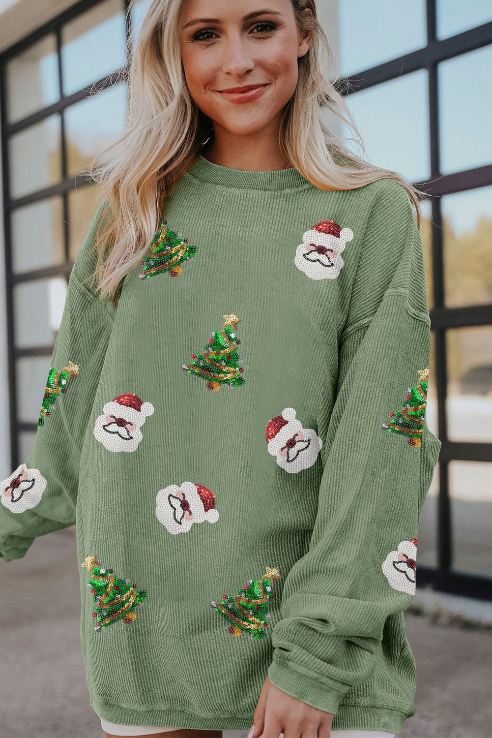 Grass Green Sequin Santa Clause Christmas Tree Patchwork Corded Sweatshirt-True and Wild