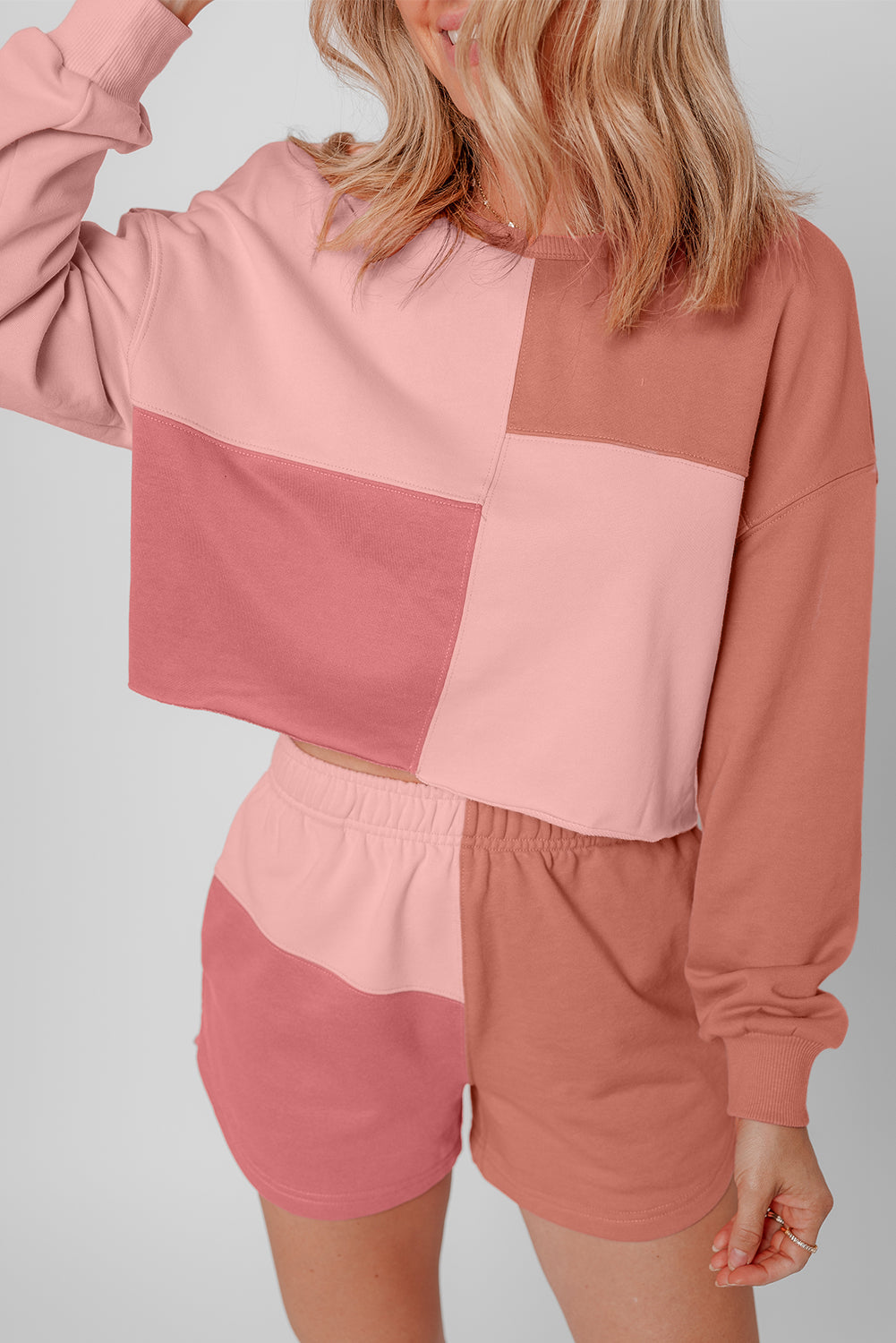 Peach Blossom Colorblock Long Sleeve Top & Pocketed Shorts Set-True and Wild