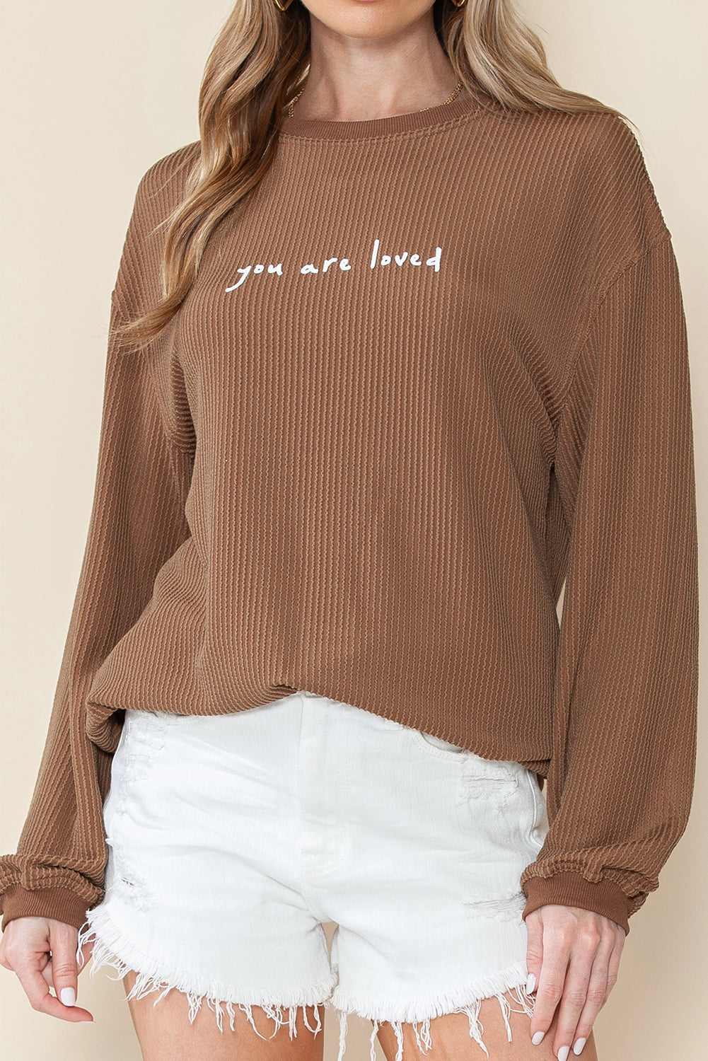 Khaki You Are Loved Print Crinkle Rib Sweatshirt-True and Wild