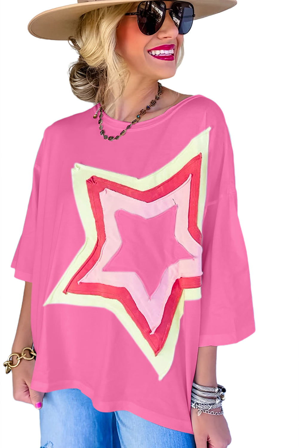 Moonlight Jade Colorblock Star Patched Half Sleeve Oversized Tee-True and Wild